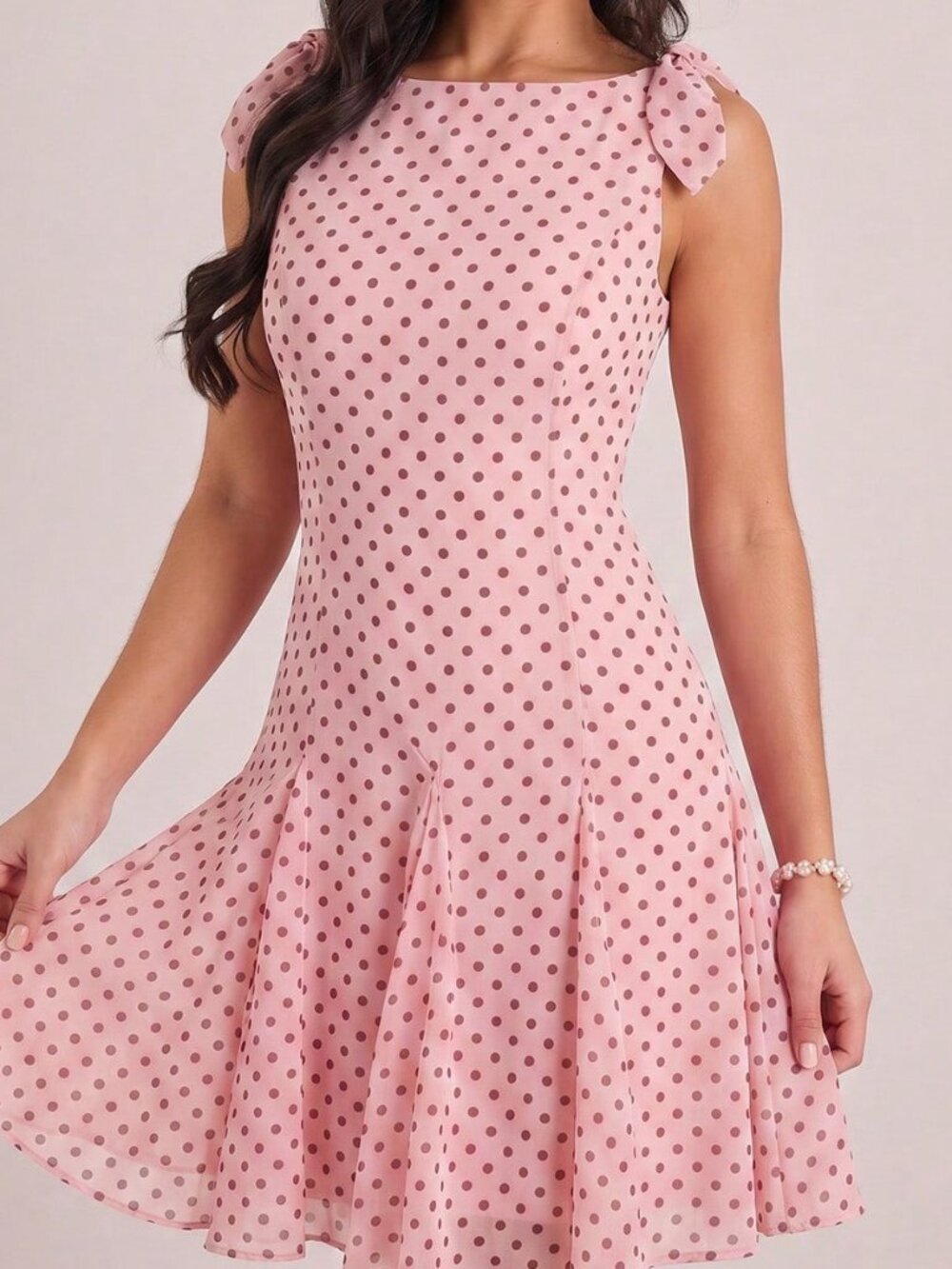 Pink French Women's Elegant Polka Dot Pleated Mini Dress - Picture 3 of 9